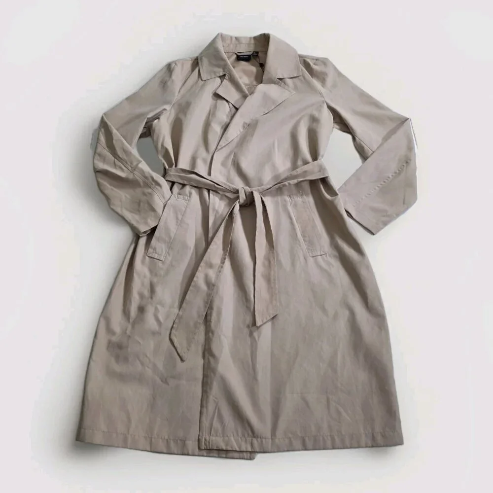 Vero Moda Wrap Coat Womens L Beige Belted Mid Length Pockets Lightweight Preppy